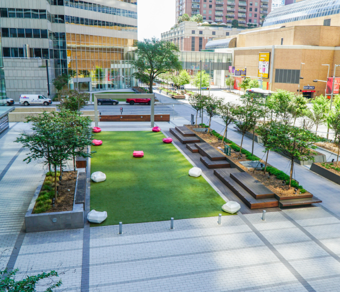 Renfrow+Co's custom park installation with wooden benches demonstrating expertise in site furnishings and benches for public spaces