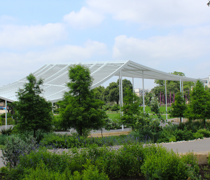 Open-air pavilion by Renfrow+Co demonstrating high-quality metal fabrication for a modern park environment