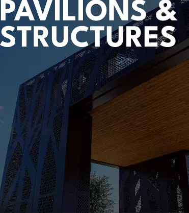 Custom outdoor pavilions and structures designed by Renfrow+Co showcasing architectural metal and wood fabrication in Houston