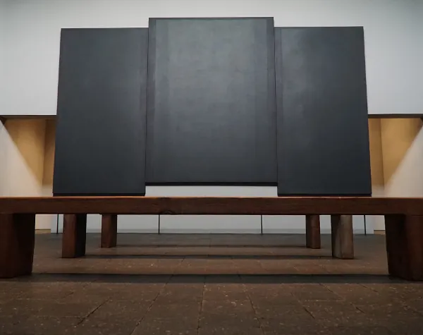 Renfrow+Co's refurbished wooden bench in front of a large triptych artwork at Rothko Chapel