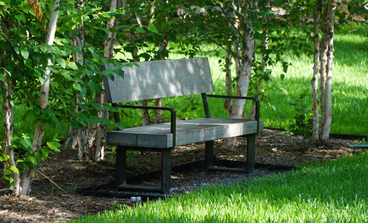 Renfrow+Co custom refurbished outdoor bench with a wooden seat and metal frame, nestled in a shaded green area at the Rothko Chapel