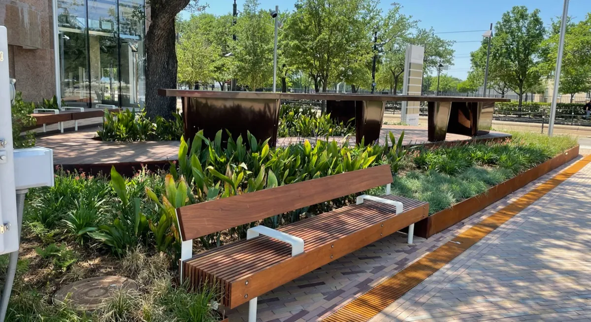 Renfrow+Co crafted wooden benches and Corten steel planters on The Ion's outdoor deck Renfrow+Co crafted wooden benches and Corten steel planters on The Ion's outdoor deck