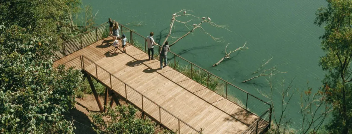 People enjoying the elevated walkway at High Island, constructed with rust-resistant steel by Renfrow+Co, offering a scenic view of the natural habitat below People enjoying the elevated walkway at High Island, constructed with rust-resistant steel by Renfrow+Co, offering a scenic view of the natural habitat below