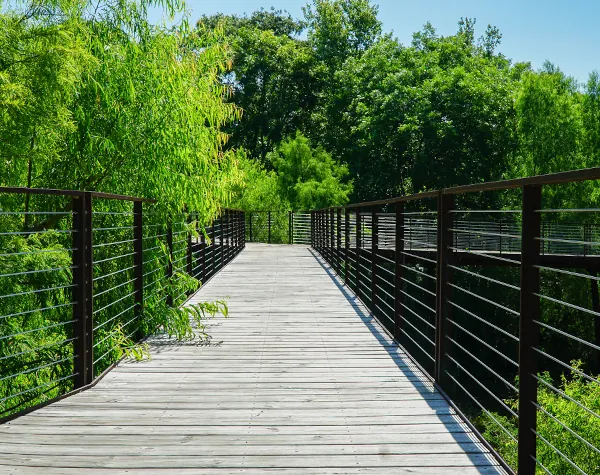 Renfrow+Co-designed elevated wooden walkway with rust-resistant steel railings, providing a scenic path through lush greenery at High Island Sanctuary Renfrow+Co-designed elevated wooden walkway with rust-resistant steel railings, providing a scenic path through lush greenery at High Island Sanctuary