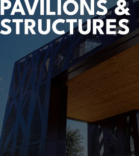 Custom outdoor pavilions and structures designed by Renfrow+Co showcasing architectural metal and wood fabrication in Houston