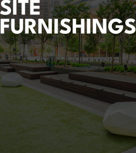 Modern outdoor benches, seating, and furnishings designed by Renfrow+Co in a landscaped urban park, featuring custom woodworking and architectural metal works
